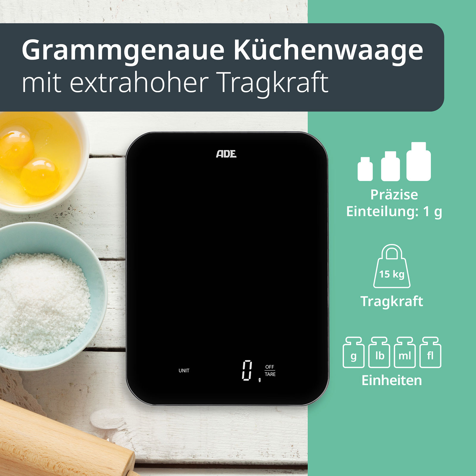 ADE Tessa Digitale Küchenwaage schwarz aufladb. KE2301