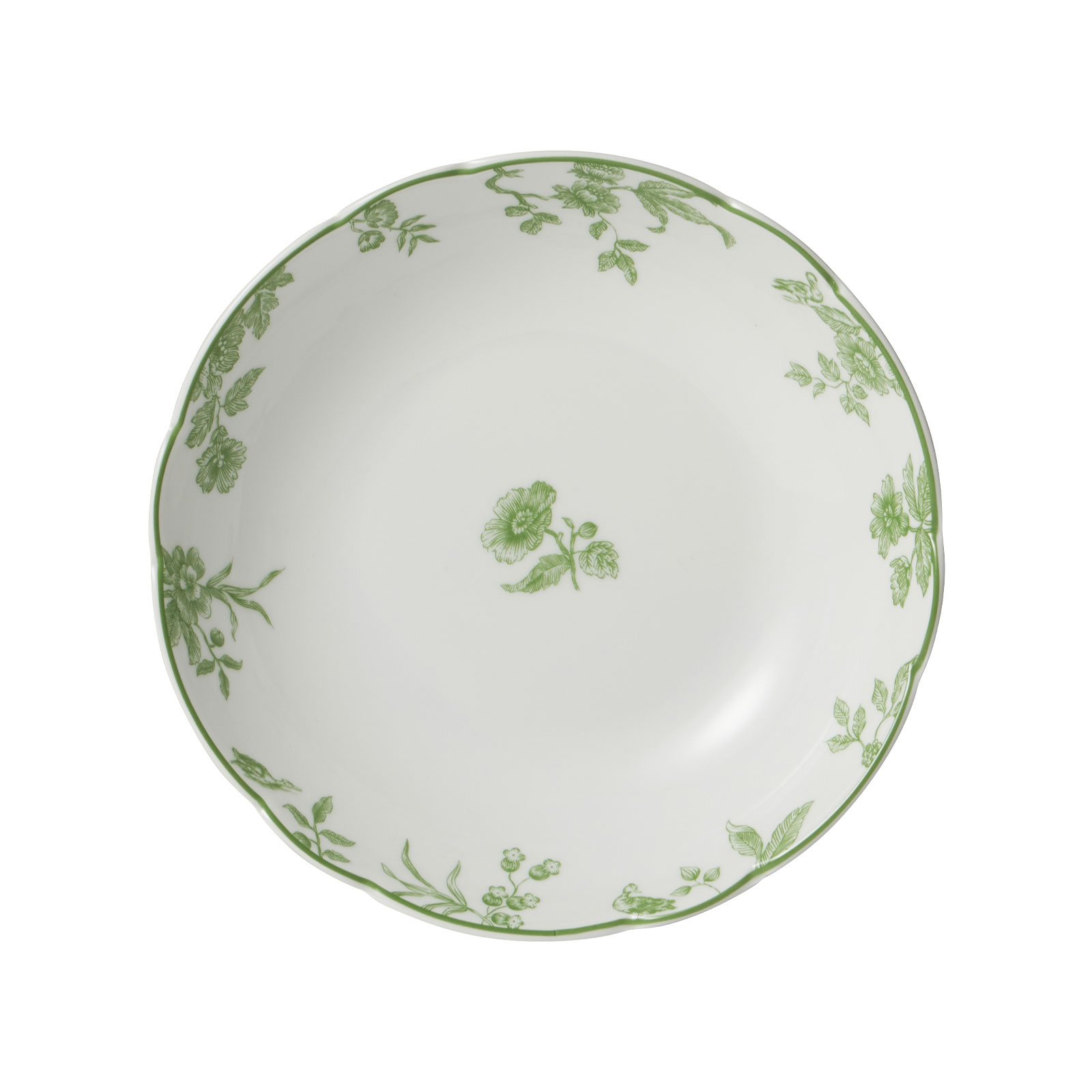 Der Albertine Suppenteller von Bernardaud ist ein weißer Porzellanteller in Coupe-Form mit geschwungenem Rand, dekoriert mit grünem Toile-de-Juoy Muster.