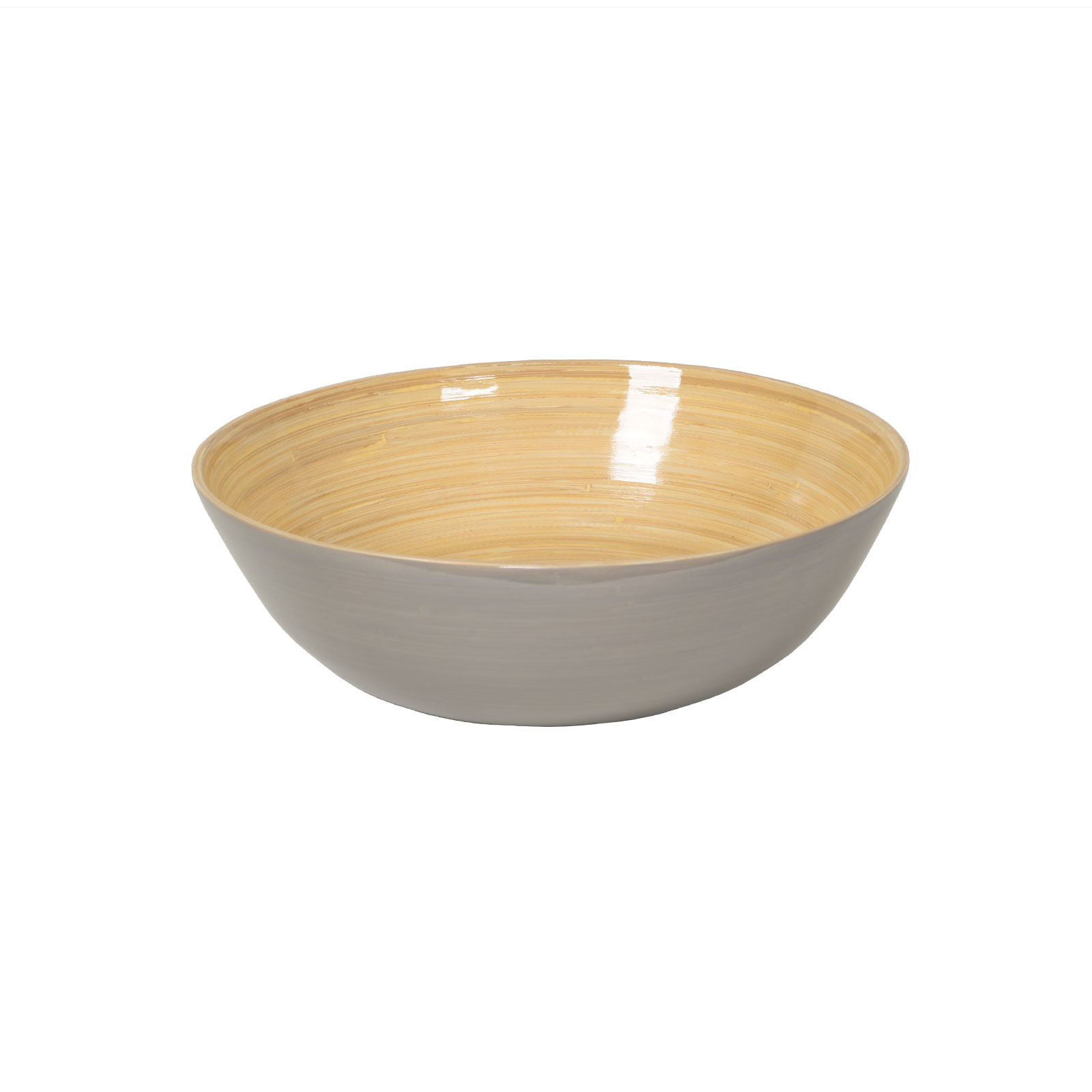 Die glänzend lackierte Bambus-Schüssel flach 30cm naturgrau ist außen grau und zeigt innen das schöne Holz.