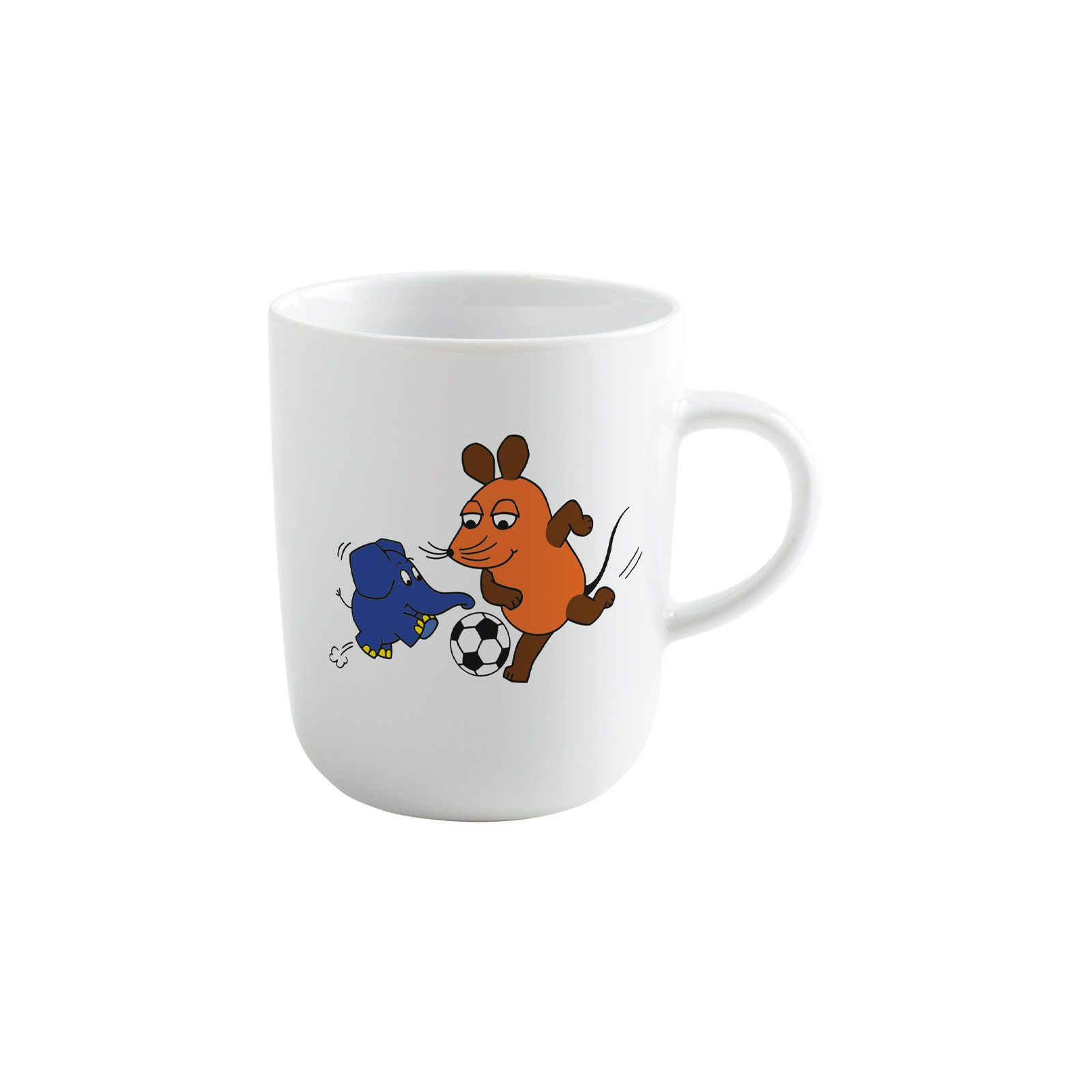 Der DieMaus Becher Fußball ist ein Henkelbecher aus weißem Porzellan. Darauf abgebildet spielen die Maus und der kleine Elefant aus der Sendung mit der Maus Fußball.