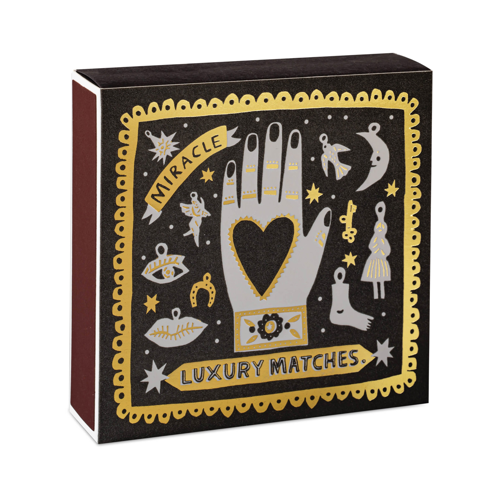 Mystisch gestaltete Streichholzschachtel mit goldener Verzierung, Hand-Motiv und Schriftzug „Luxury Matches“.
