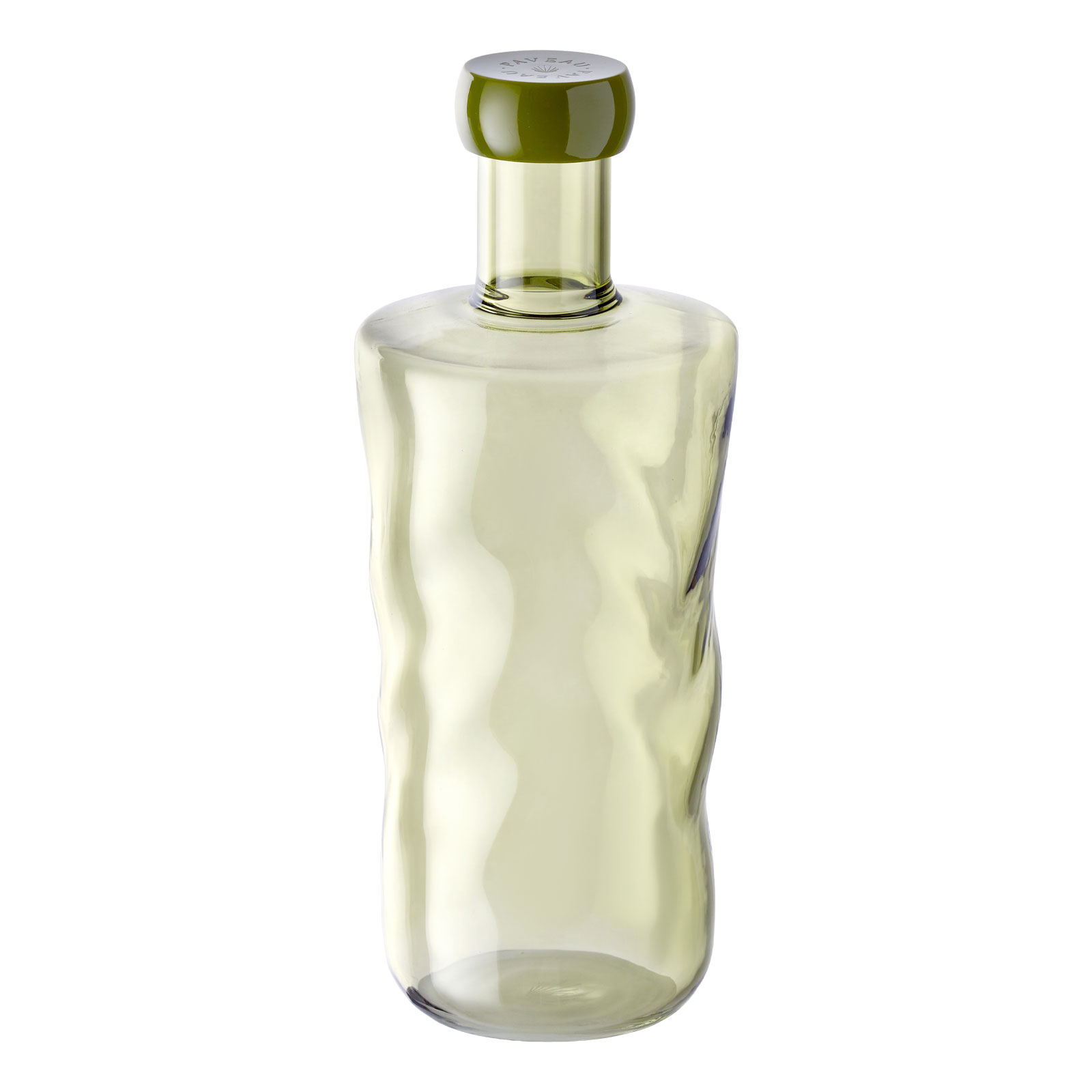 Die Swirl Wasserflasche in Moss von Paveau ist eine grüne Glasflasche mit einem gleichfarbigen Kunststoffdeckel.