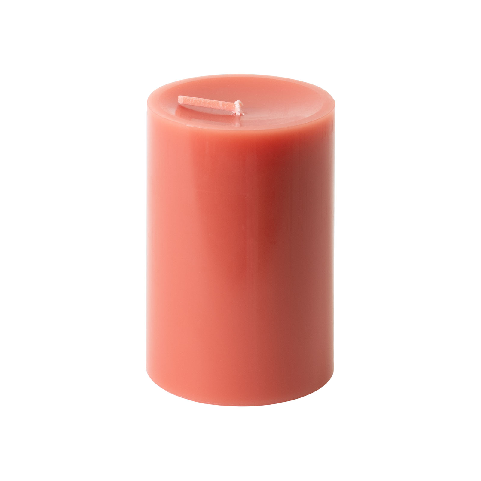 Die Stumpenkerze 8x12cm mispel von Engels Kerzen ist orange mit rosafarbenem Einschlag.