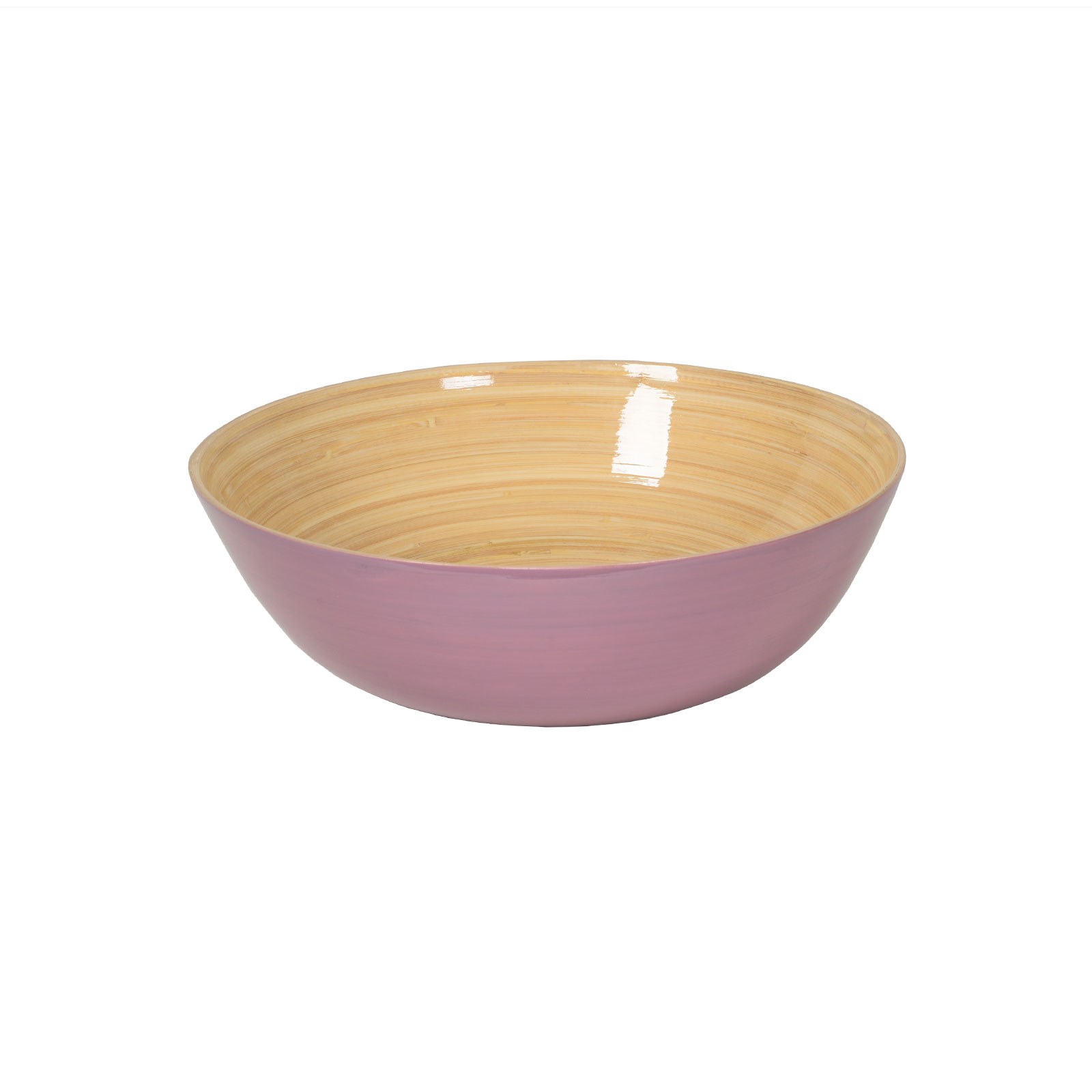 Die glänzend lackierte Bambus-Schüssel flach 30cm mauve ist außen altrosa und zeigt innen das schöne Holz.