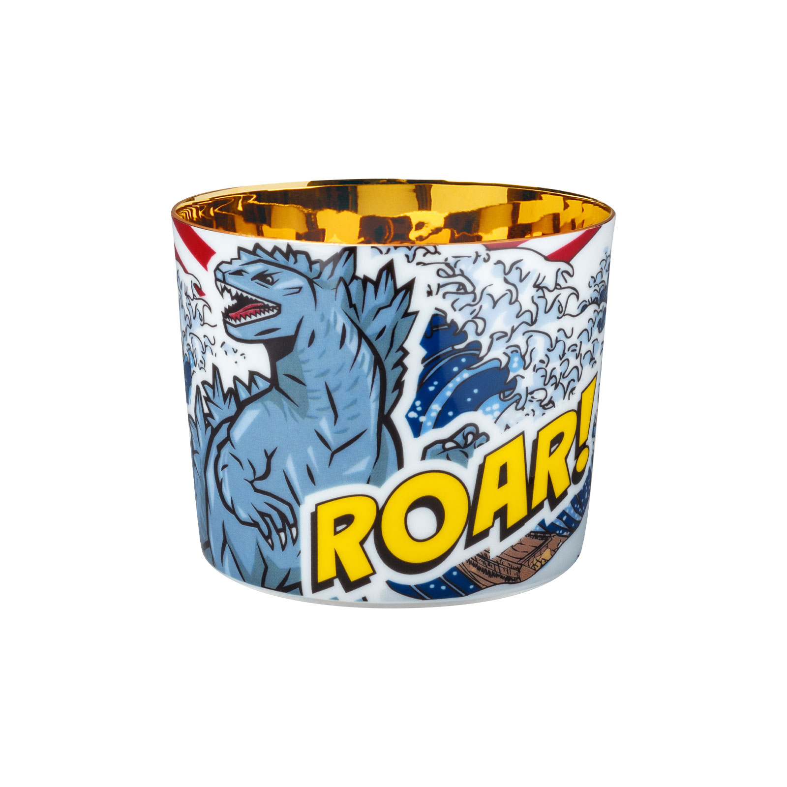 Der Sieger Champagnerbecher Blaze Beast ist innen vergoldet und zeigt außen ein blaues Urzeitmonster im Comic-Stil.