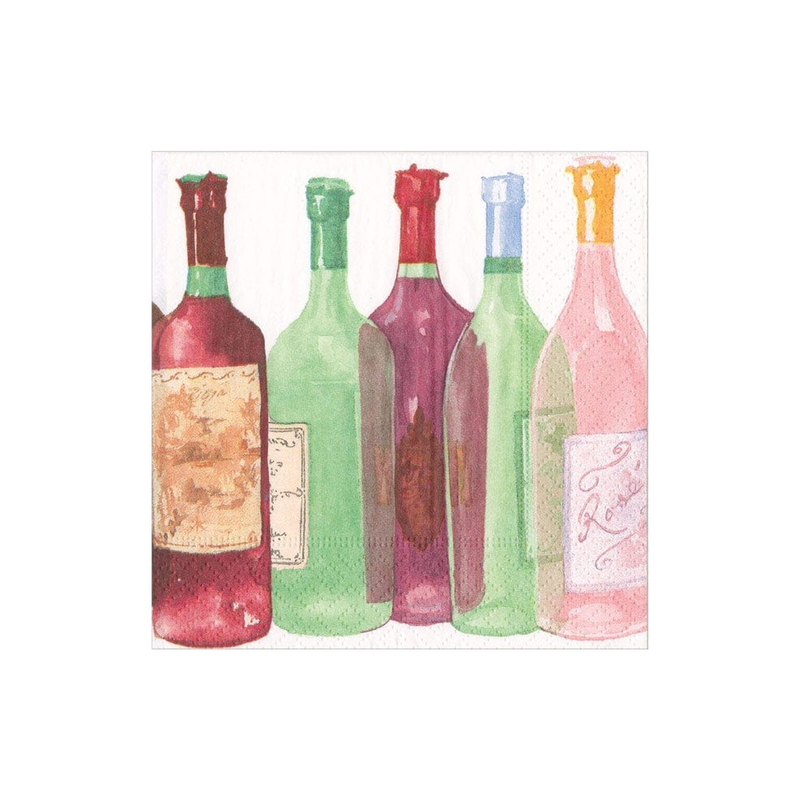 Die Cocktailservietten Wine Bottles von Caspari sind weiße Papierservietten mit einer Aquarellillustration von Weinflaschen.
