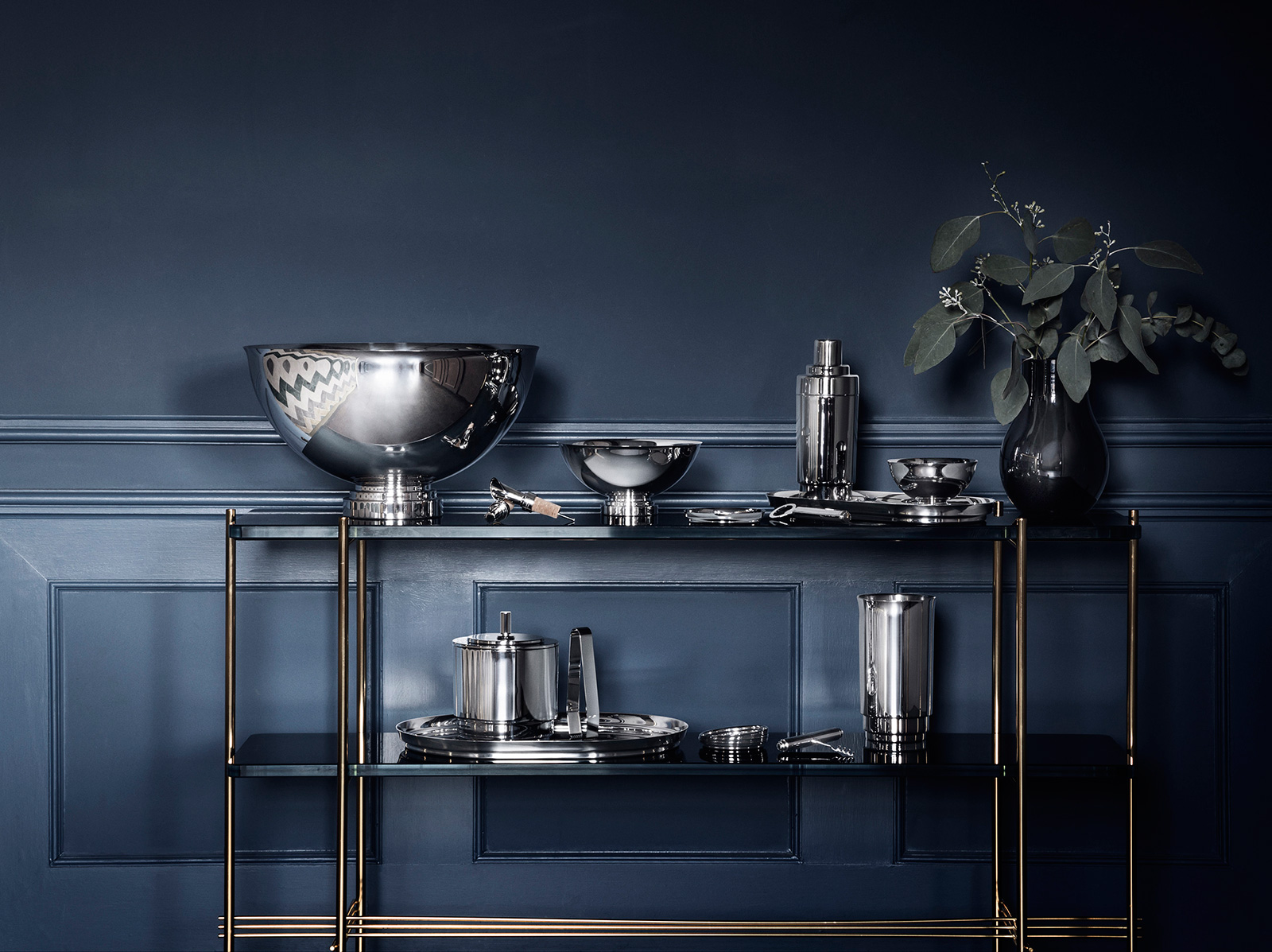 Georg Jensen Manhattan Eiswürfelbehälter mit Zange Edelstahl