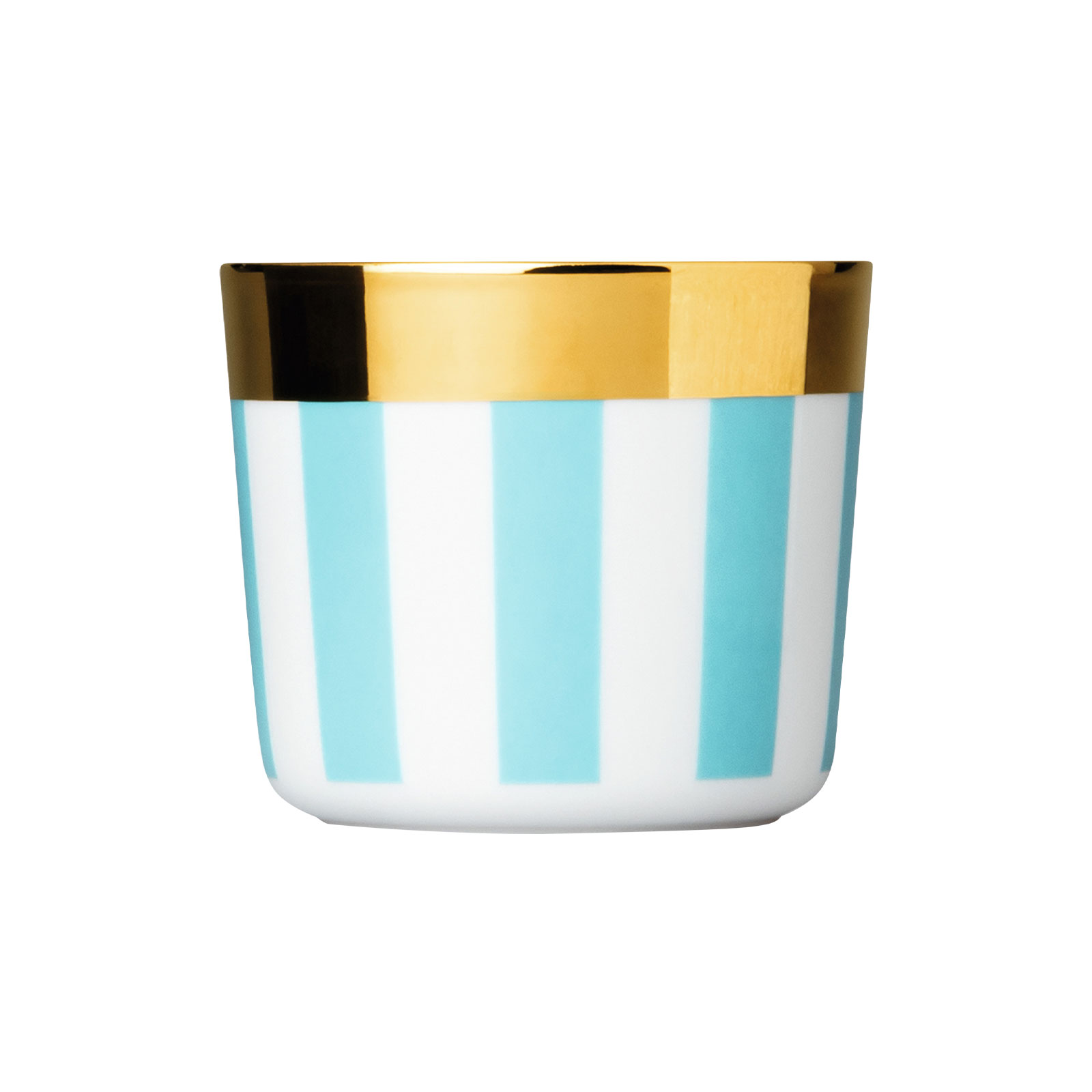 Der Champagnerbecher Cookies & Cream Turquoise von Sieger by Fürstenberg ist weiß und türkis gestreift. Von innen ist er glänzend vergoldet und auch über den äußeren Rand des Bechers heraus erstreckt sich ein goldener Streifen.
