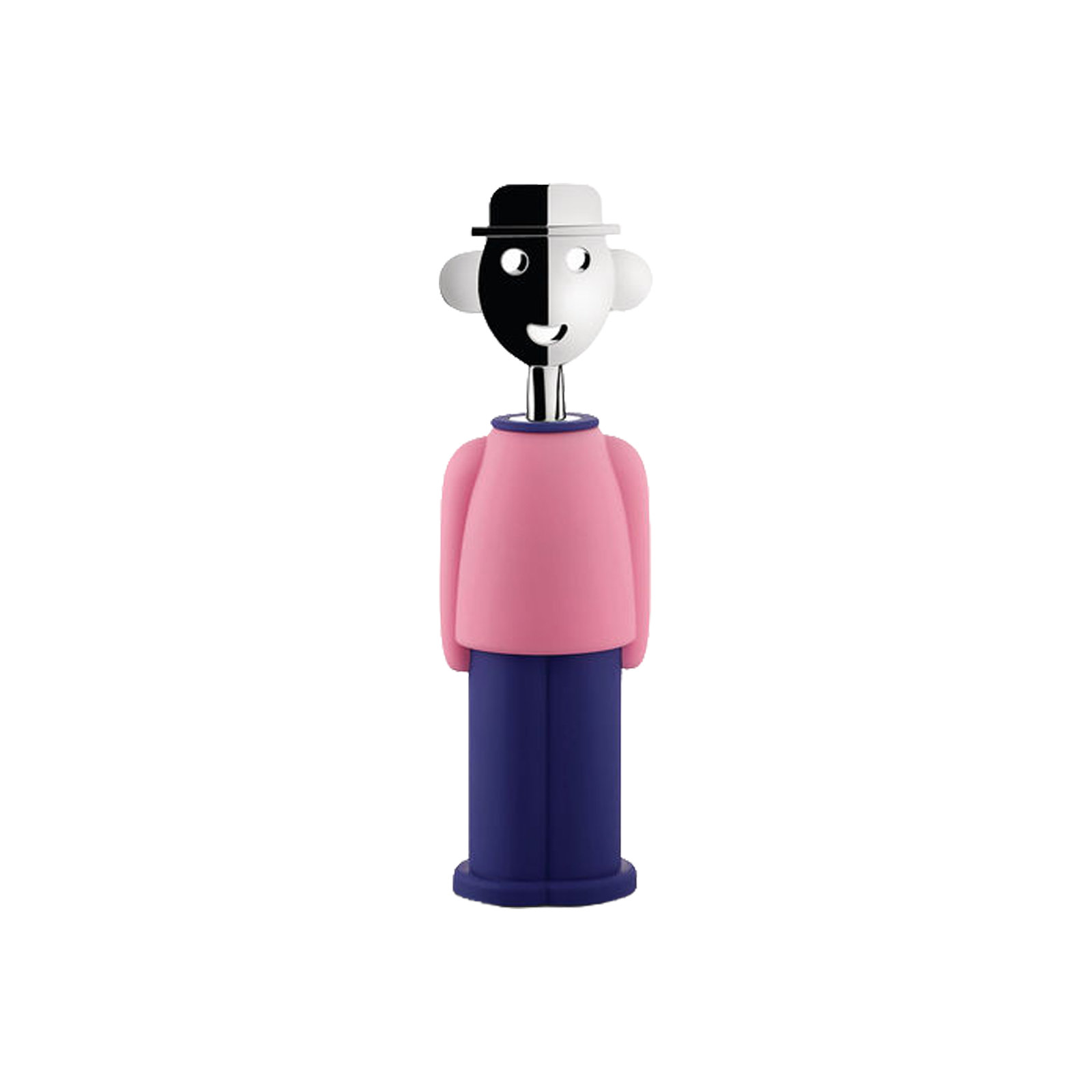 Alessi Alessandro M. Korkenzieher in rosa-blau von Alessandro Mendini vor weißem Hintergrund.