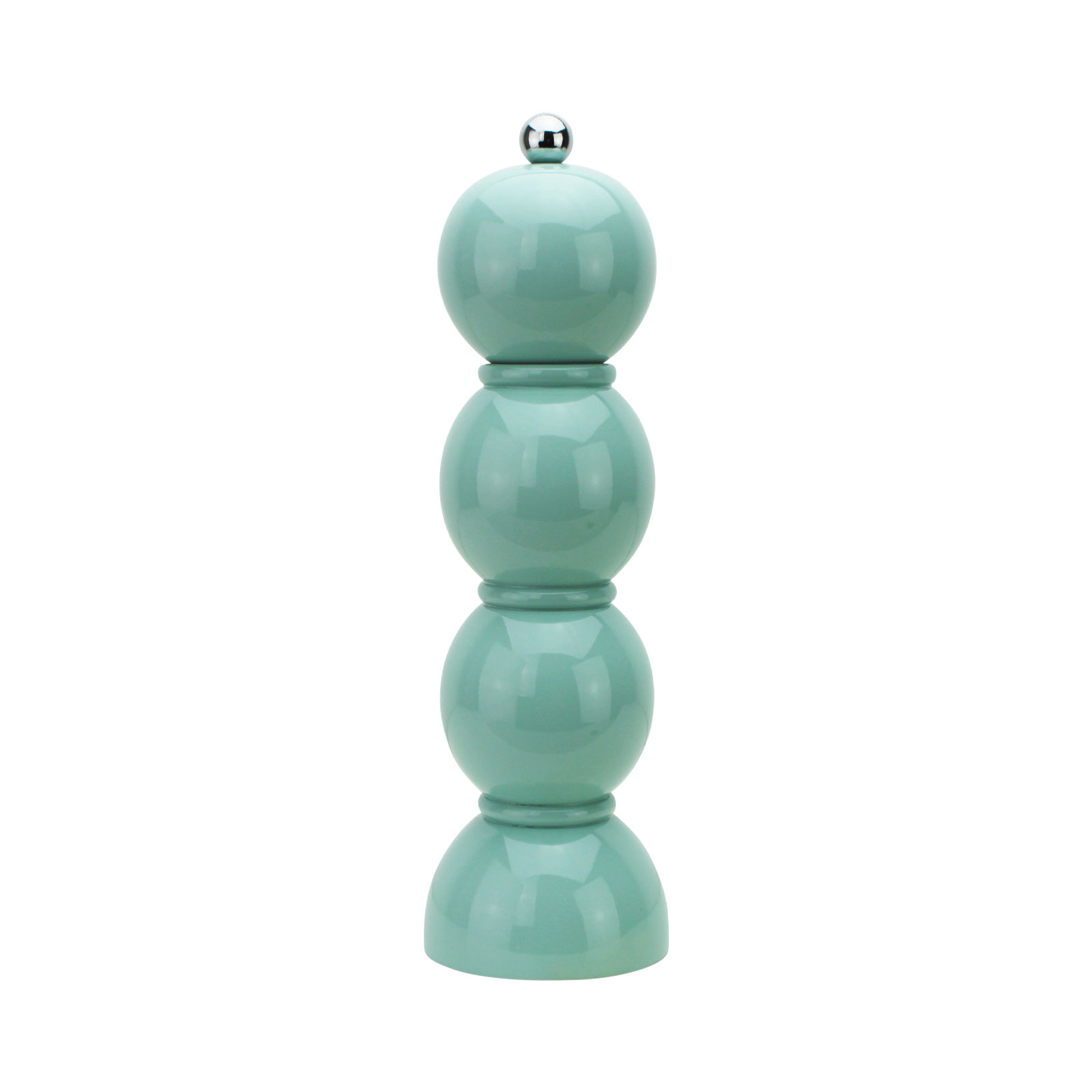Die Bobbin Salz- und Pfeffermühle 24cm eau de nil von Addison Ross ist geformt aus drei Kugeln und auf einem halbkugelförmigen Fuß. Diese bestehen aus lackiertem Holz. Obendrauf befindet sich ein kugelförmiger Edelstahlknopf.