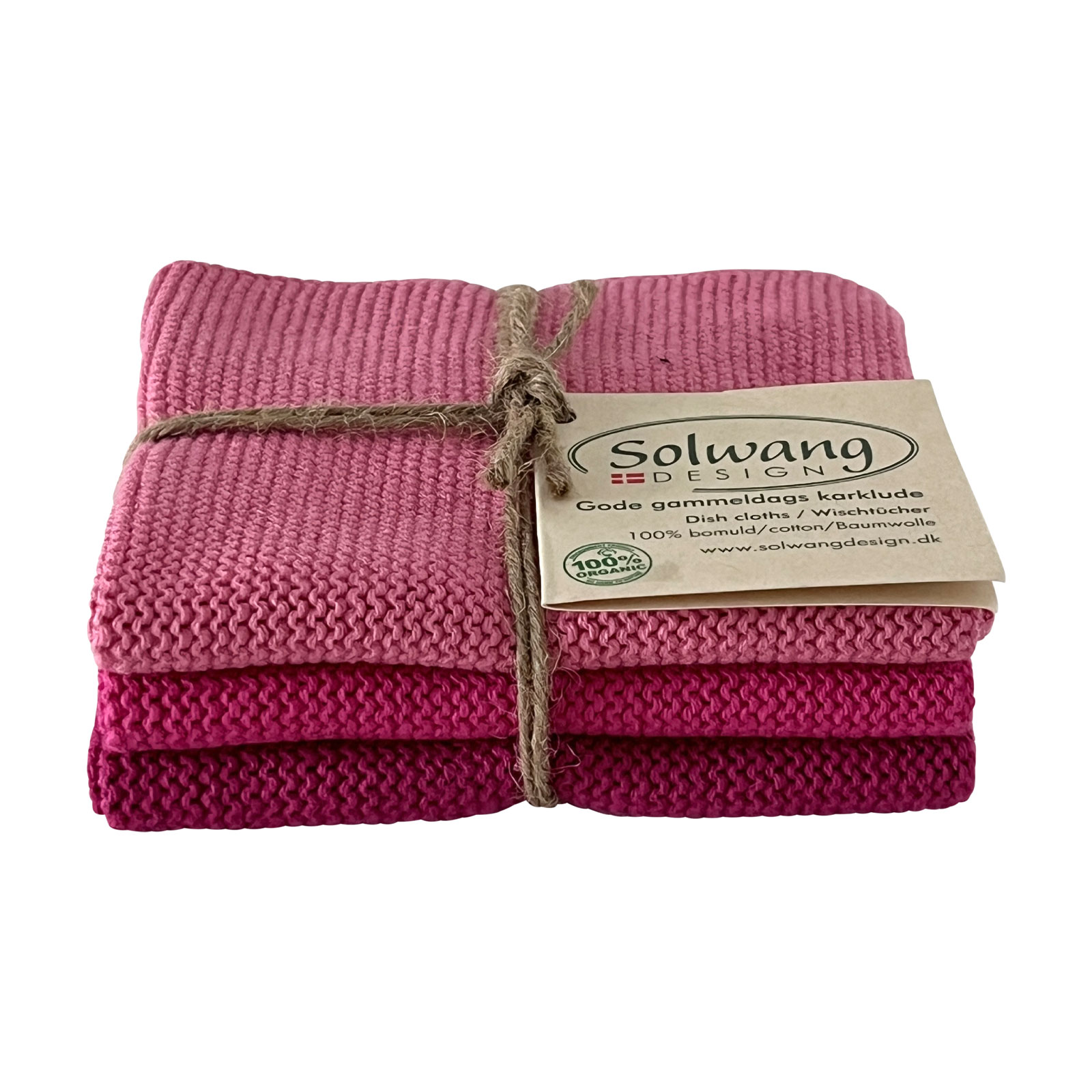 Das Solwang Wischtücher Set in pink besteht aus drei gestrickten Waschlappen in Pinktönen.