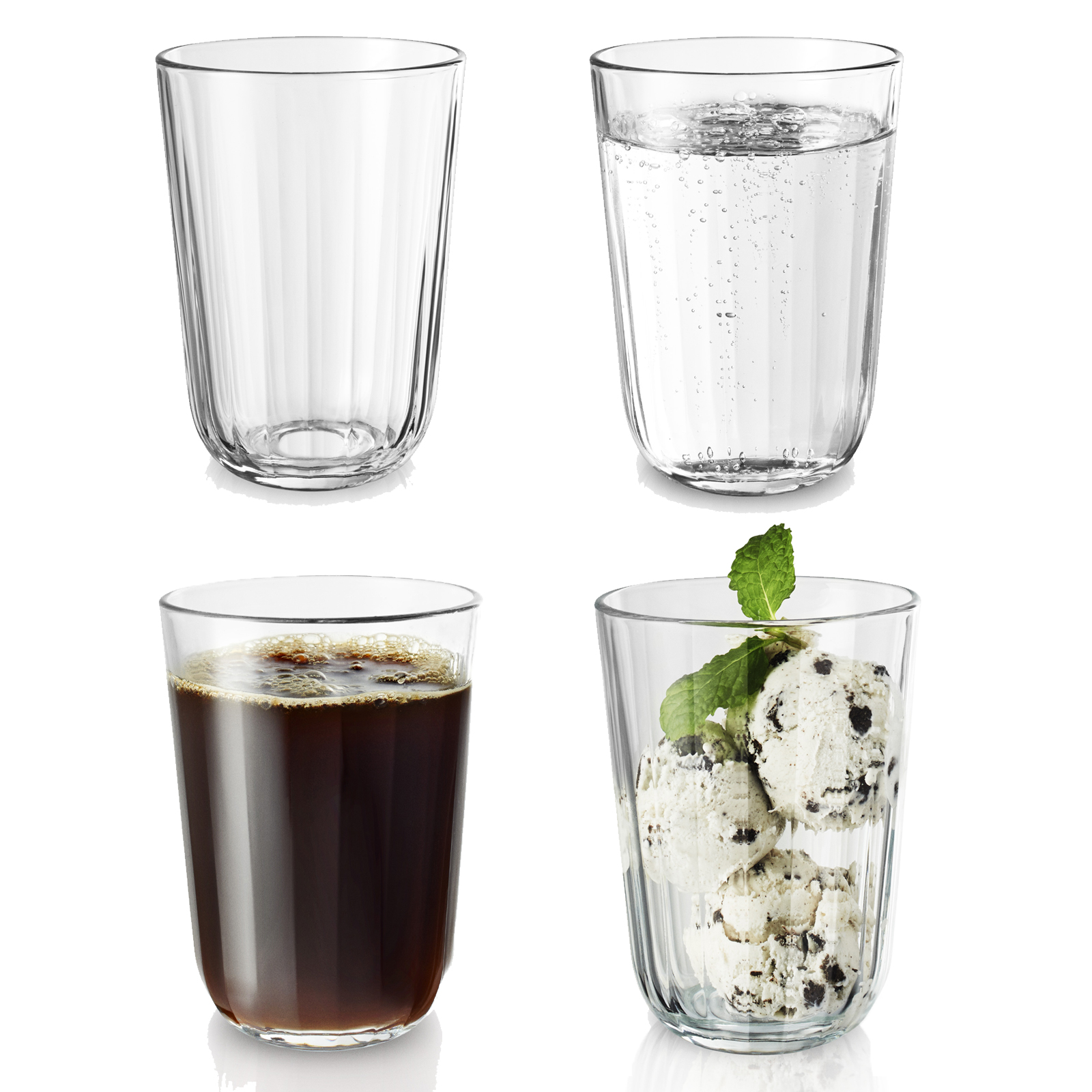 4 Eva Trio Trinkgläser mit unterschiedlichen Inhalten: leer, Wasser, Kaffee und Eis.