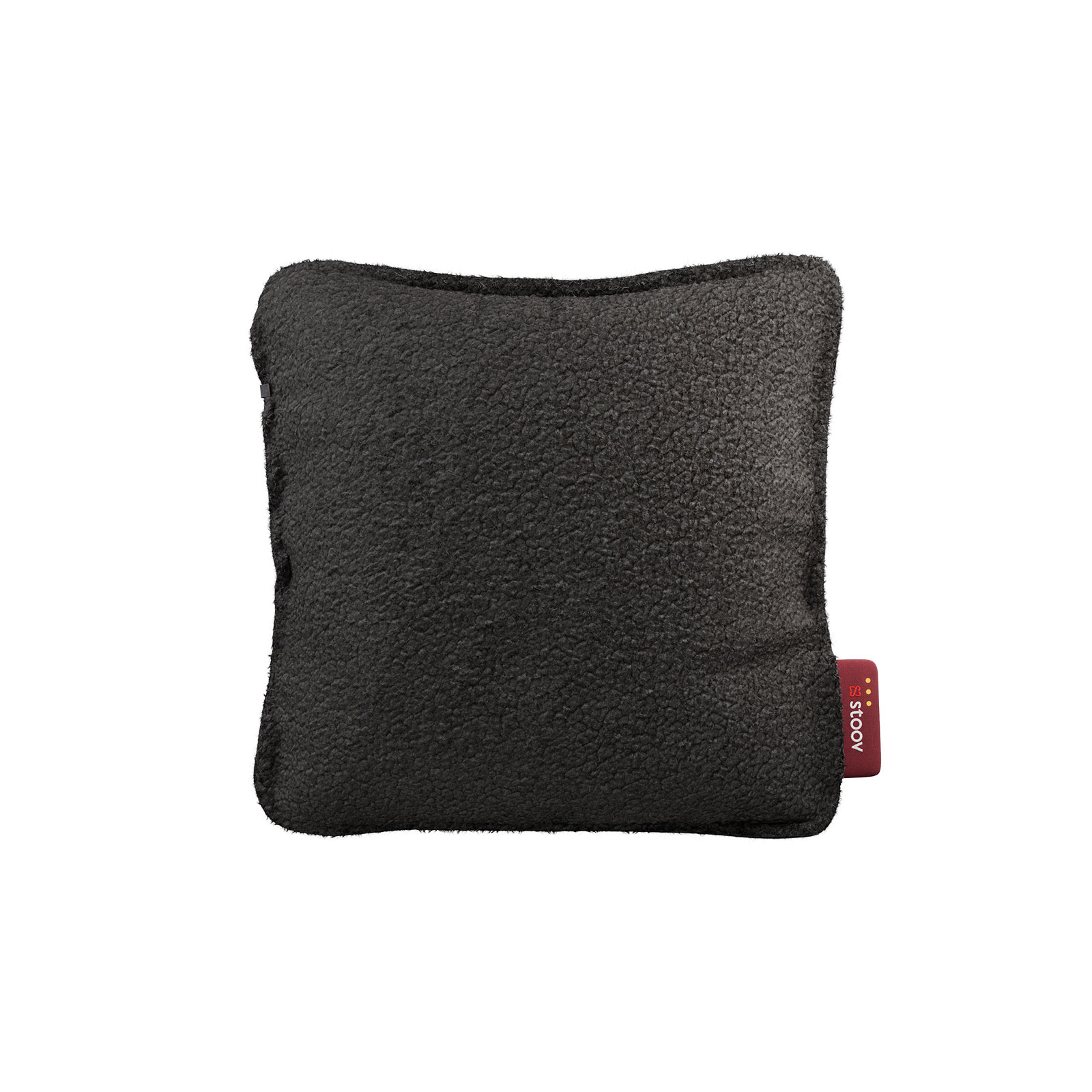 Das Ploov Heizkissen Woolly Graphit von Stoov ist ein quadratisches Heizkissen. Der dunkelgraue Bezug besteht auf der Vorderseite aus kuscheligem Teddy-Stoff. Unten rechts befindet sich ein rotes Bedienungselement.