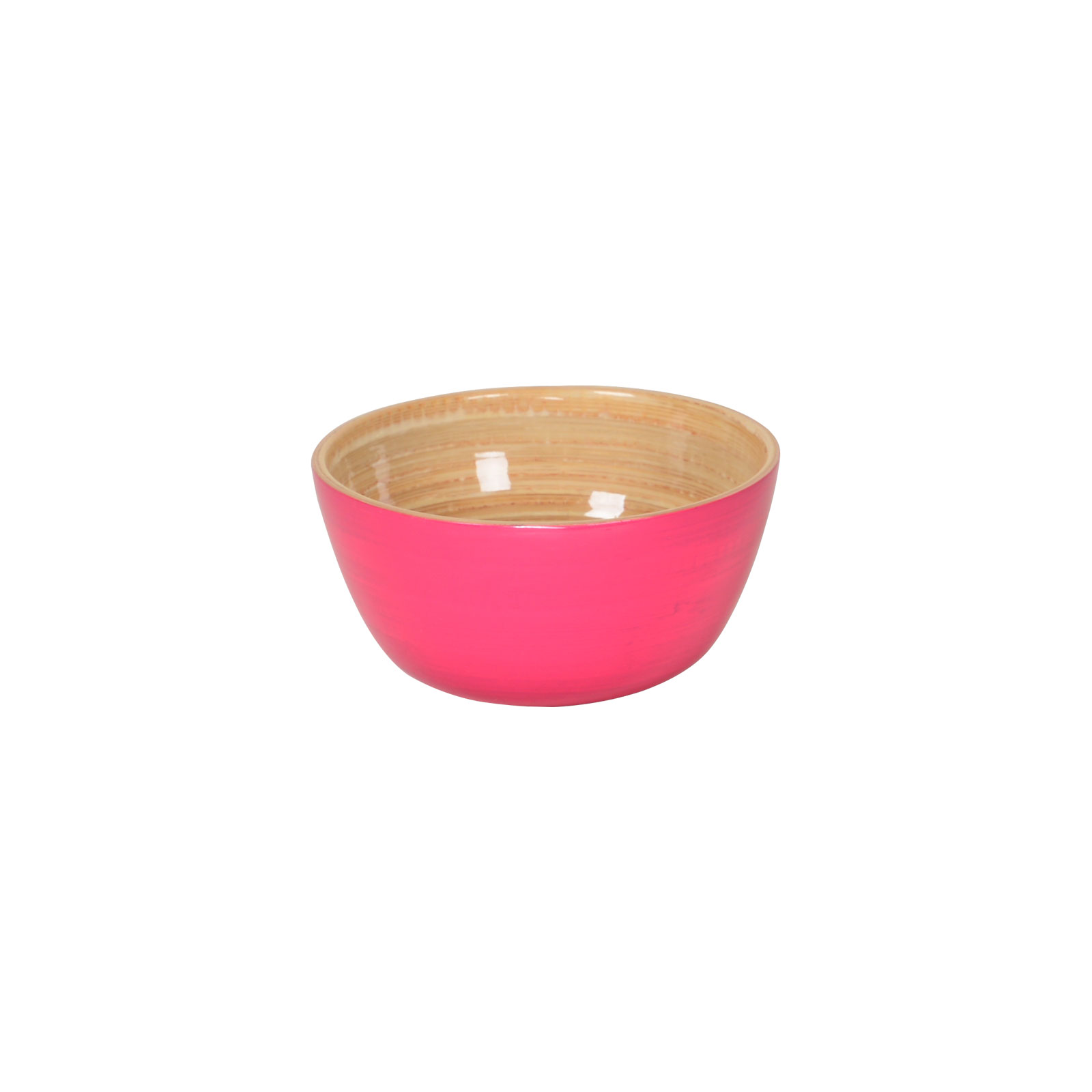 Die glänzend lackierte Bambus-Schüssel 10cm fuchsia ist außen pink und zeigt innen das schöne Holz.