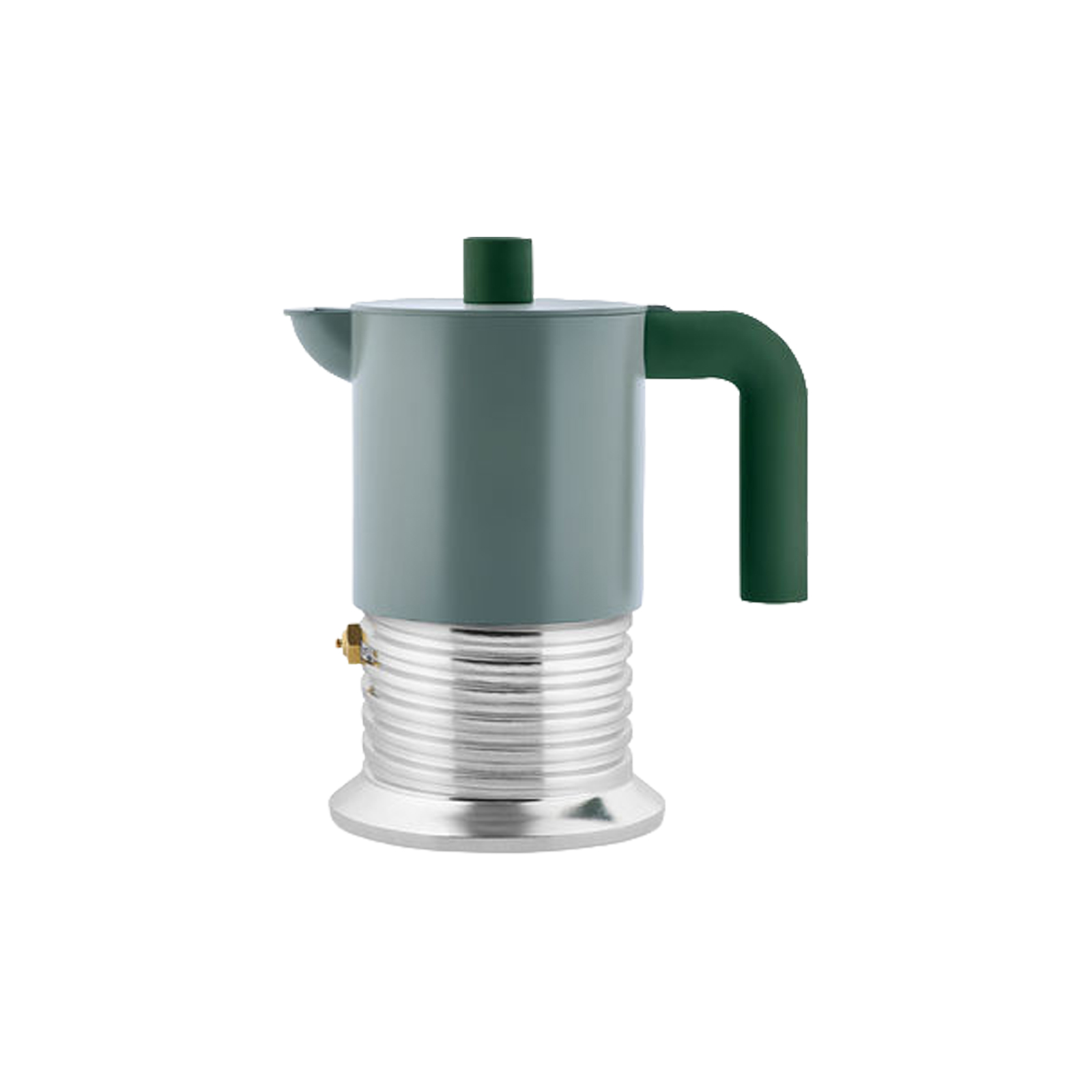 Alessi VITE Espressokocher für 3 Tassen in grün von Philippe Malouin vor weißem Hintergrund.