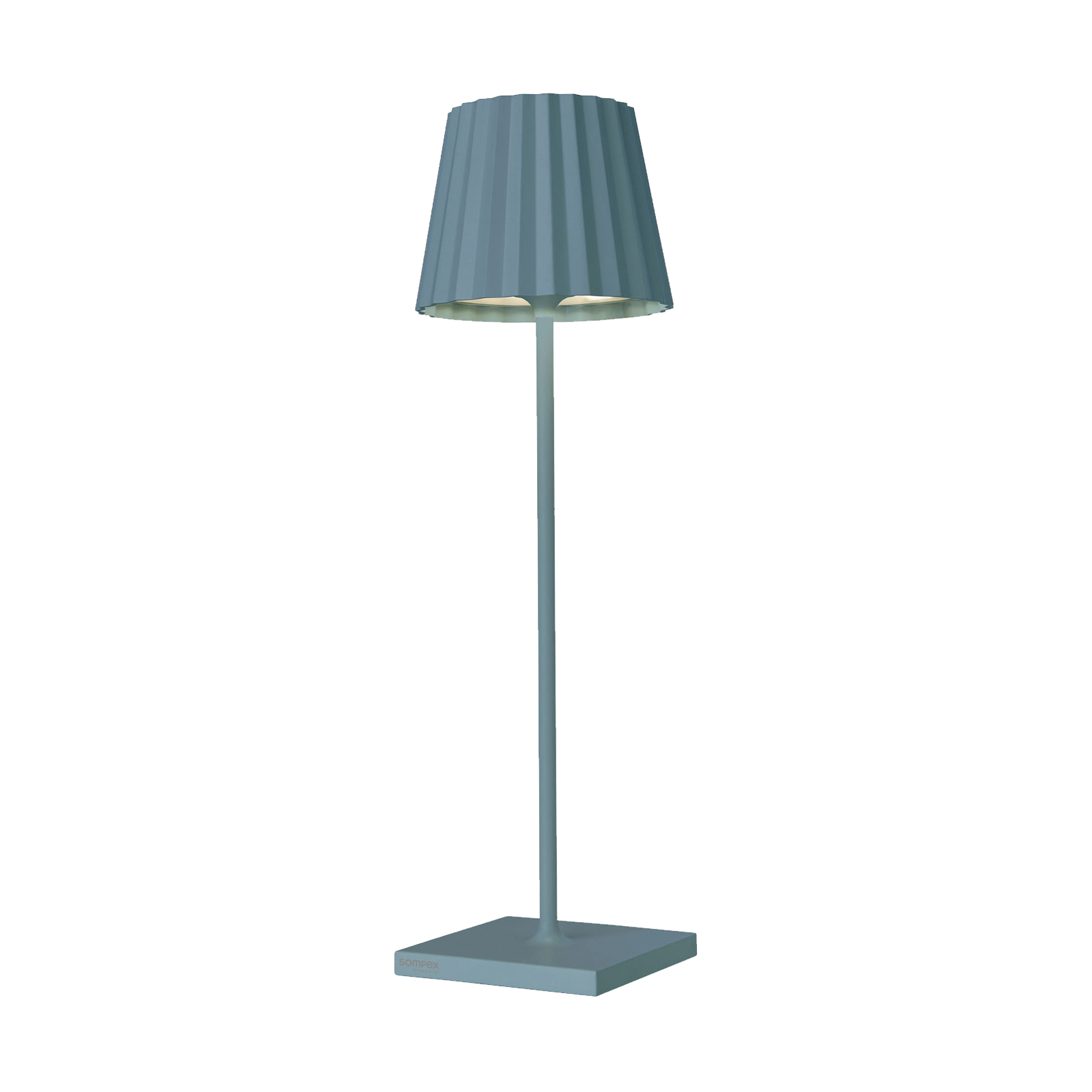 Moderne blaue Akku Tischleuchte mit Plissee-Schirm von Sompex für stilvolle Indoor- und Outdoor-Beleuchtung.