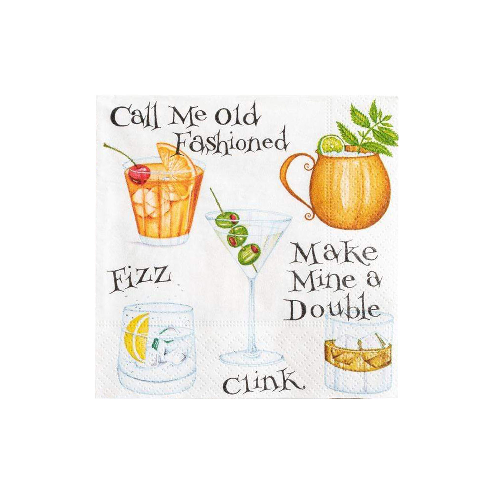 Die Cocktailservietten Cocktail Hour von Caspari sind auf weißem Untergrund von Cocktail-Illustrationen und englischen Sprüchen zu Cocktails geziert.